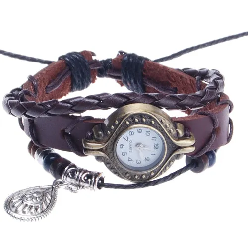 2013-2014 Hand-Knitted Leather Bracelet Wrist Watch Red Coffee Color