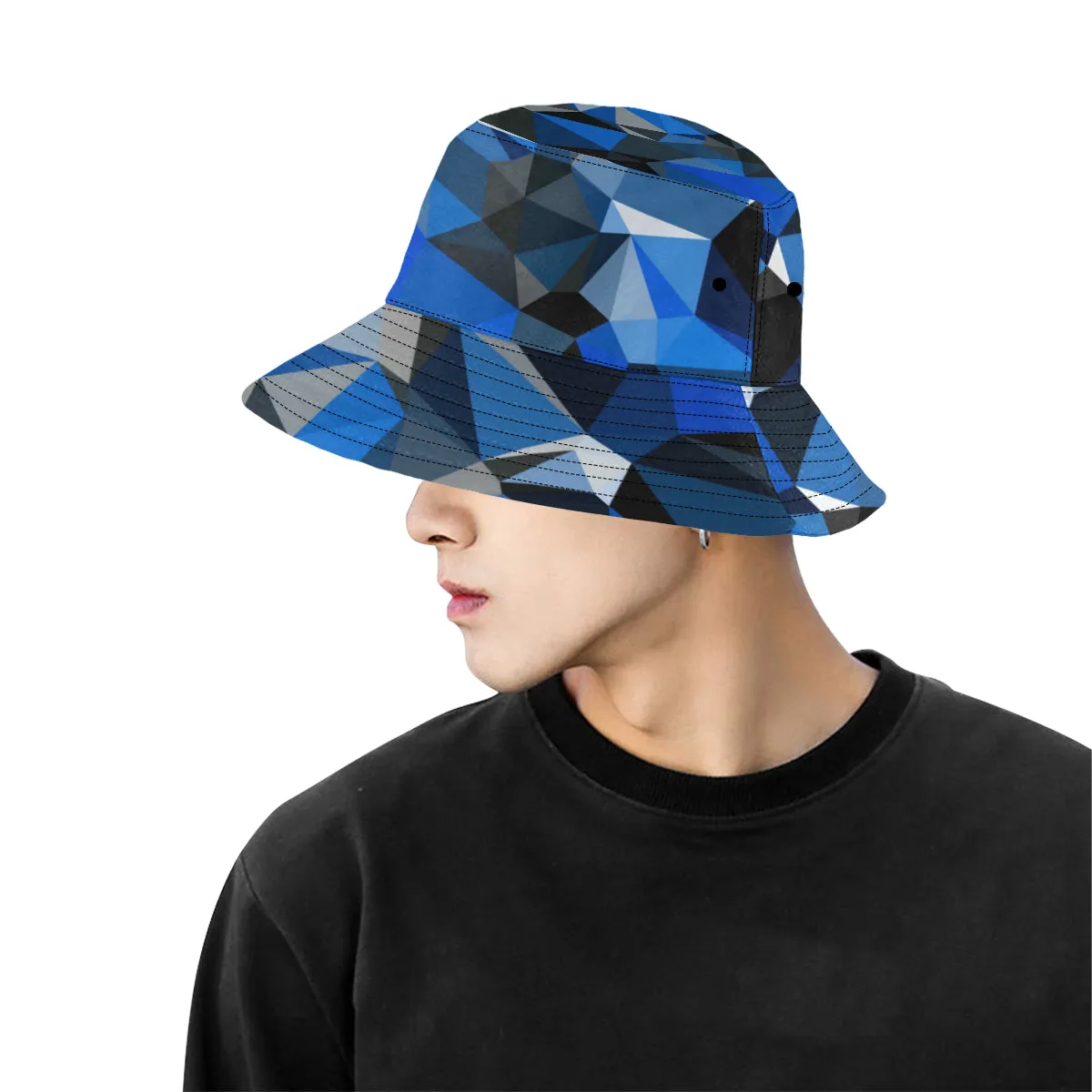 Blue and Black Geometric Print Bucket Hat