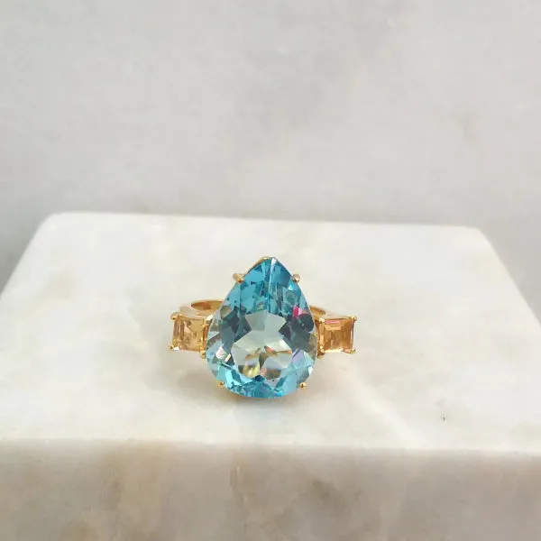 Blue Topaz and Citrine Gemstone Cocktail Ring