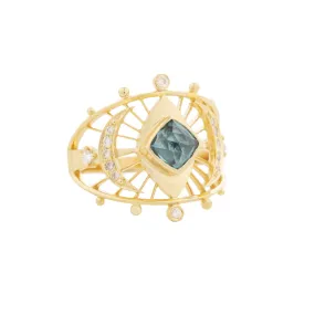 Moon Ring with Blue Tourmaline and Diamond