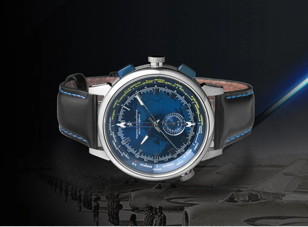 Chinese air force automatic mechanical watch with multiple time zones for men