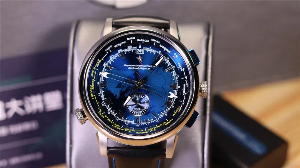 Chinese air force automatic mechanical watch with multiple time zones for men