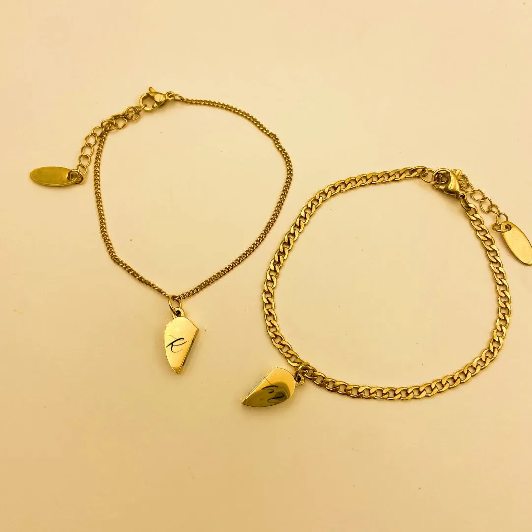 Couple Magnetic Heart Gold Filled Curb Bracelets with Lazer Engraved Pre-order