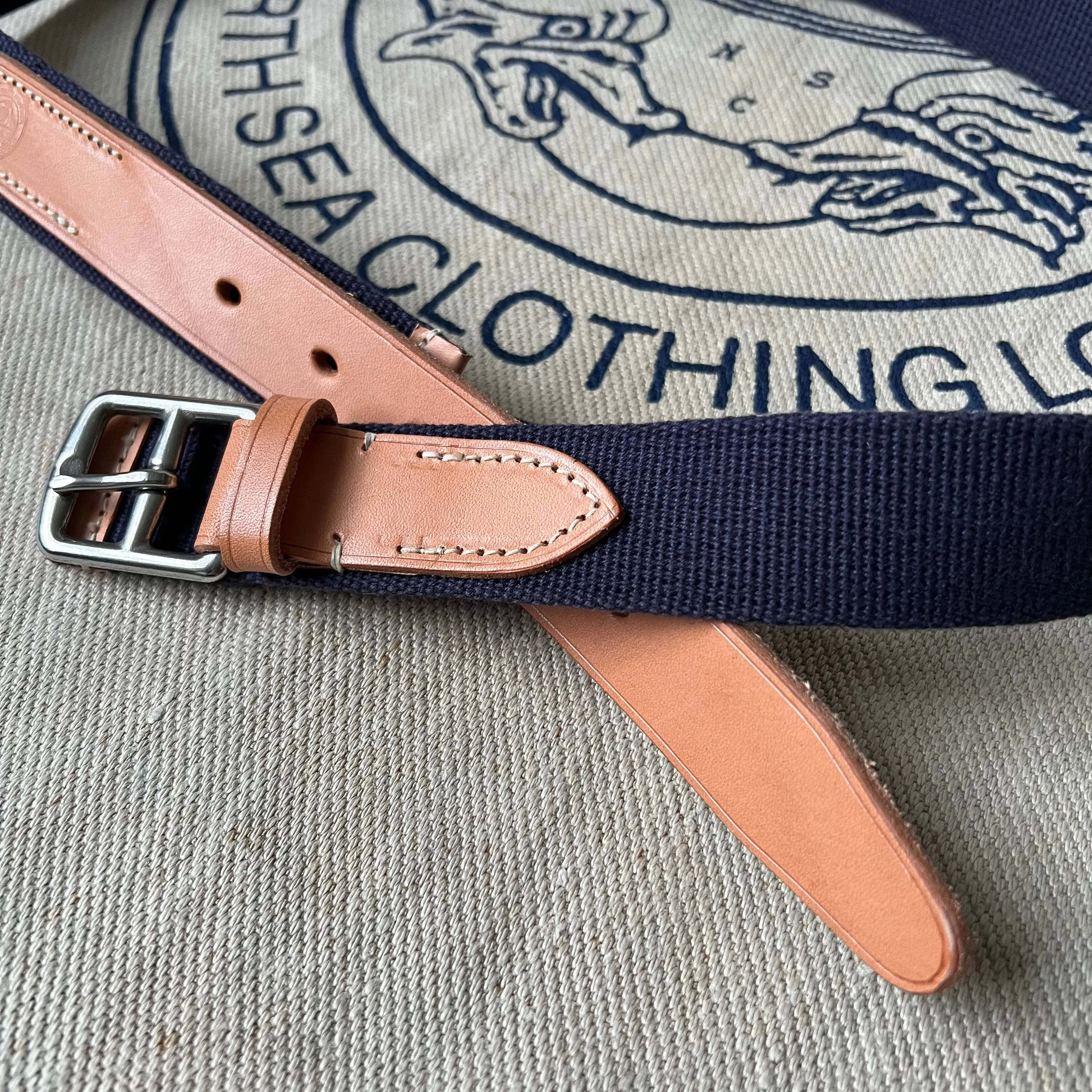 Webbing And Leather Belt - NAVY / RUSSET narrow