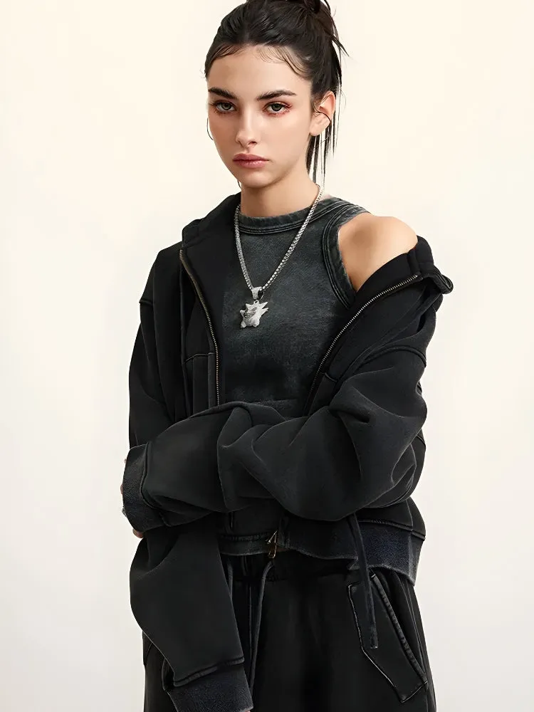 Zip-Up Cropped Double Hoodie