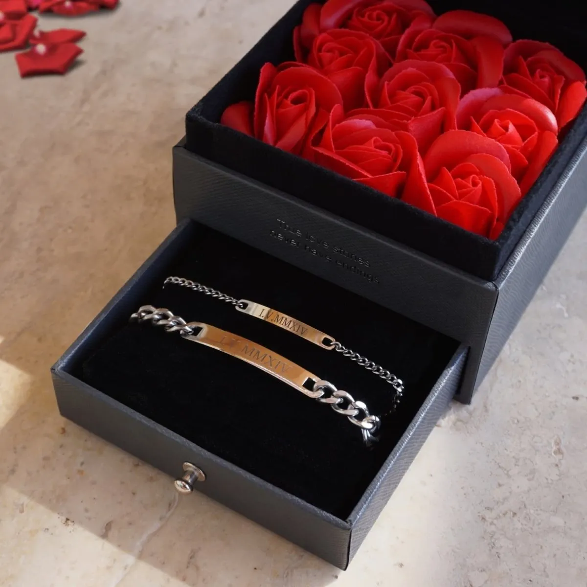 Engraved Couples Bracelets + Big Rose Box