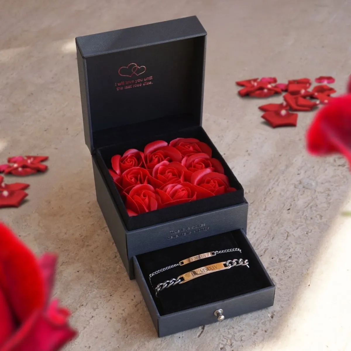 Engraved Couples Bracelets + Big Rose Box