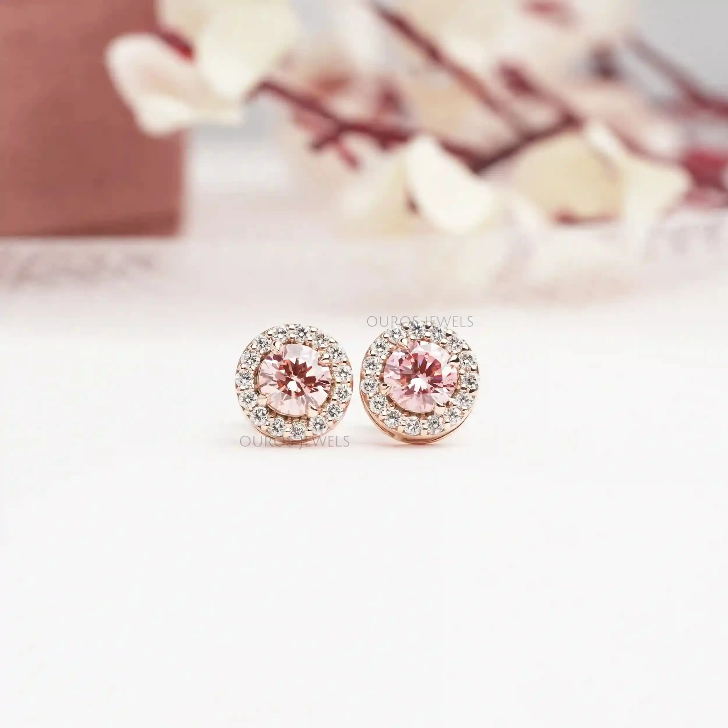 Halo Diamond Stud Earrings - Fancy Round Cut Colorful