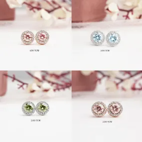 Halo Diamond Stud Earrings - Fancy Round Cut Colorful