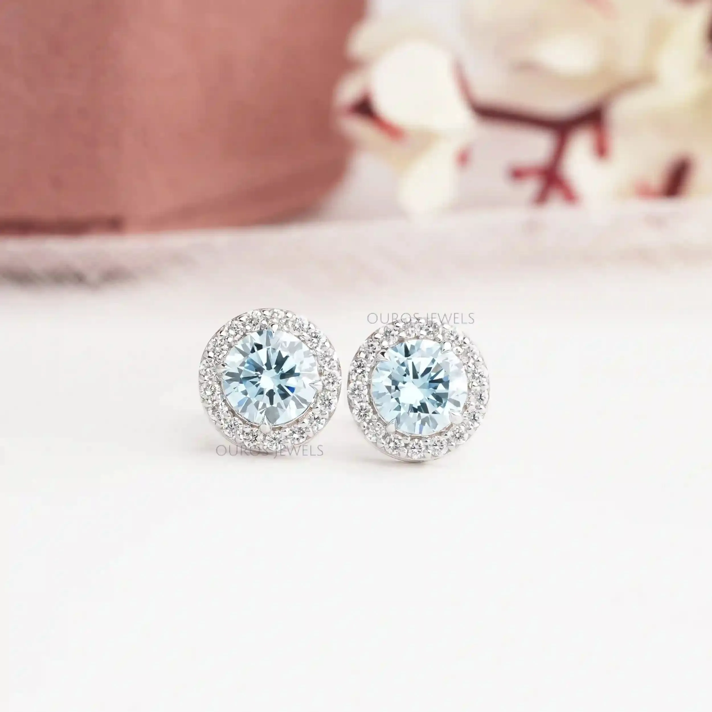 Halo Diamond Stud Earrings - Fancy Round Cut Colorful