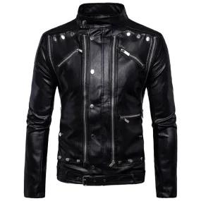 Men's Black Leather Biker Jacket with Multiple Zippers