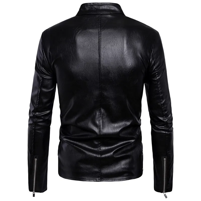 Men's Black Leather Biker Jacket with Multiple Zippers