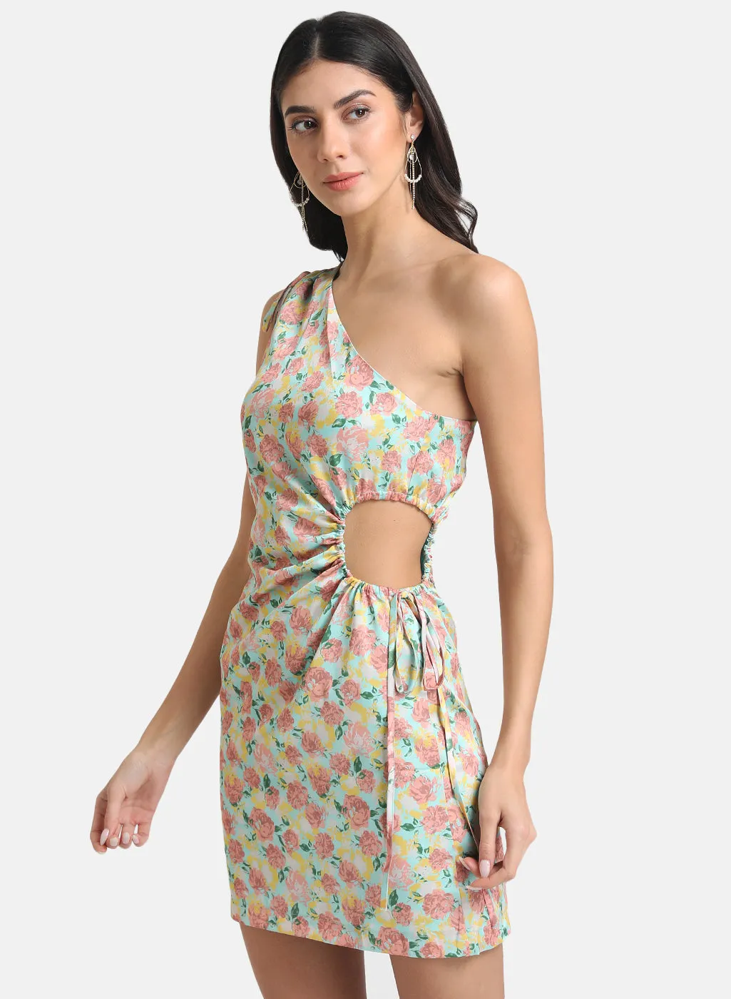 Dress with Floral Print and Side Cut-Outs