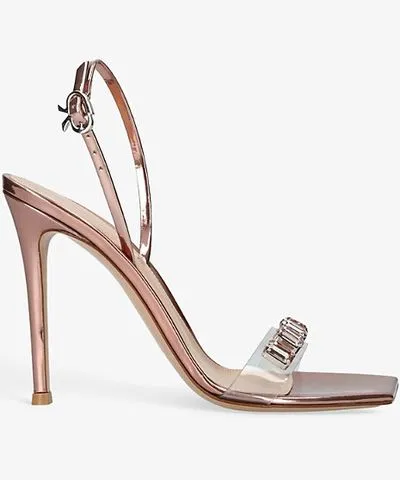 Gemstone Leather Heeled Sandals - Gianvito Rossi Ribbon Candy 105 in Mid Brown