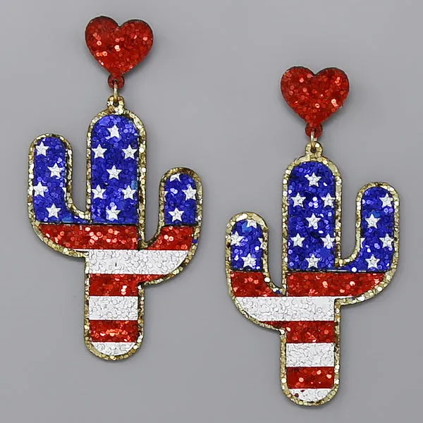 Drop Earrings Glitter Cactus Flag American