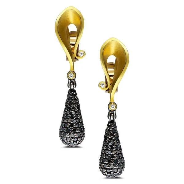 Gold Calla Drop Dangle Earrings with Black Diamonds