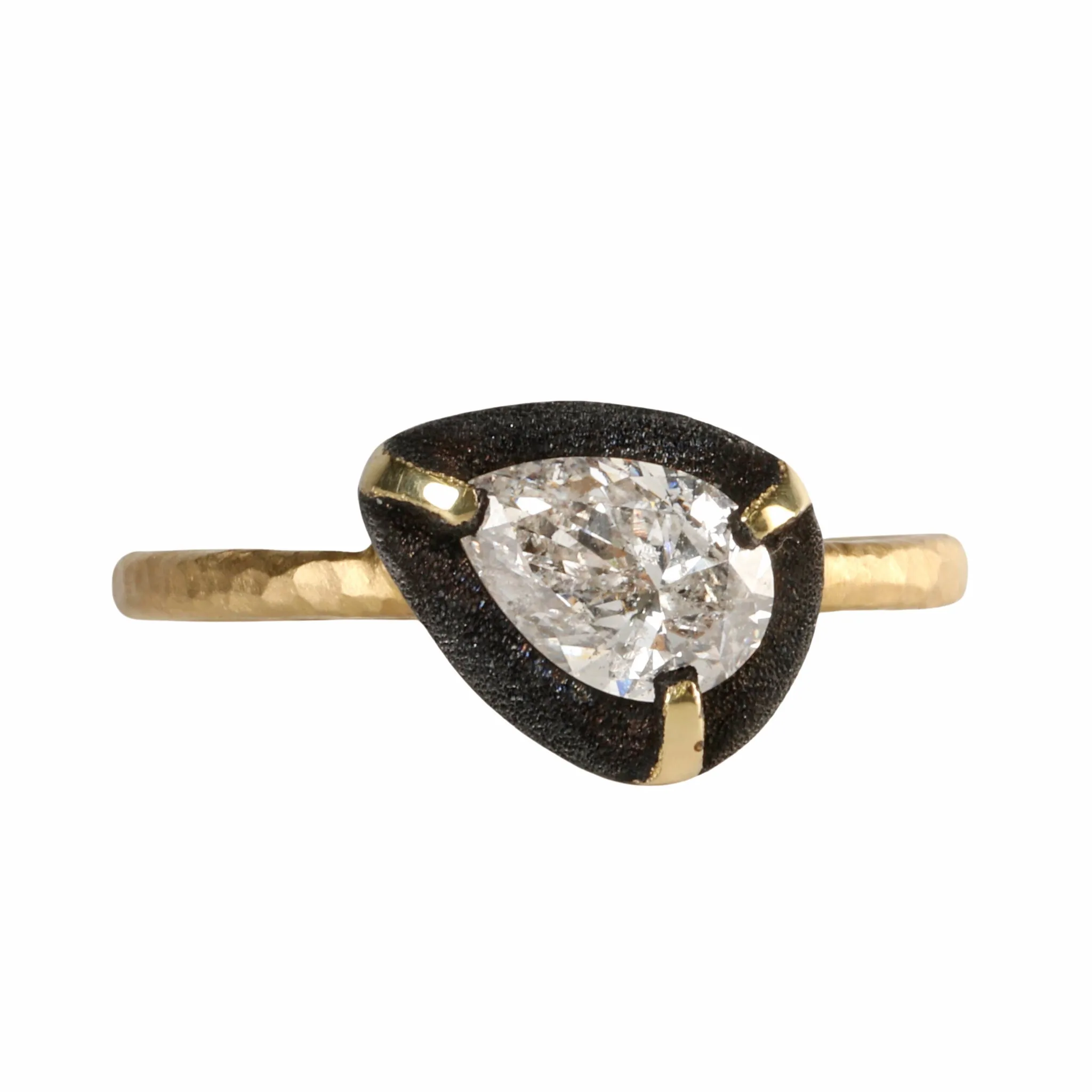 18K Gold Pear-Shaped Diamond Ring Blackened White Gold Halo