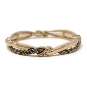 Gold Tone Stretch Bracelet with Dotted and Hammered Design and CZ