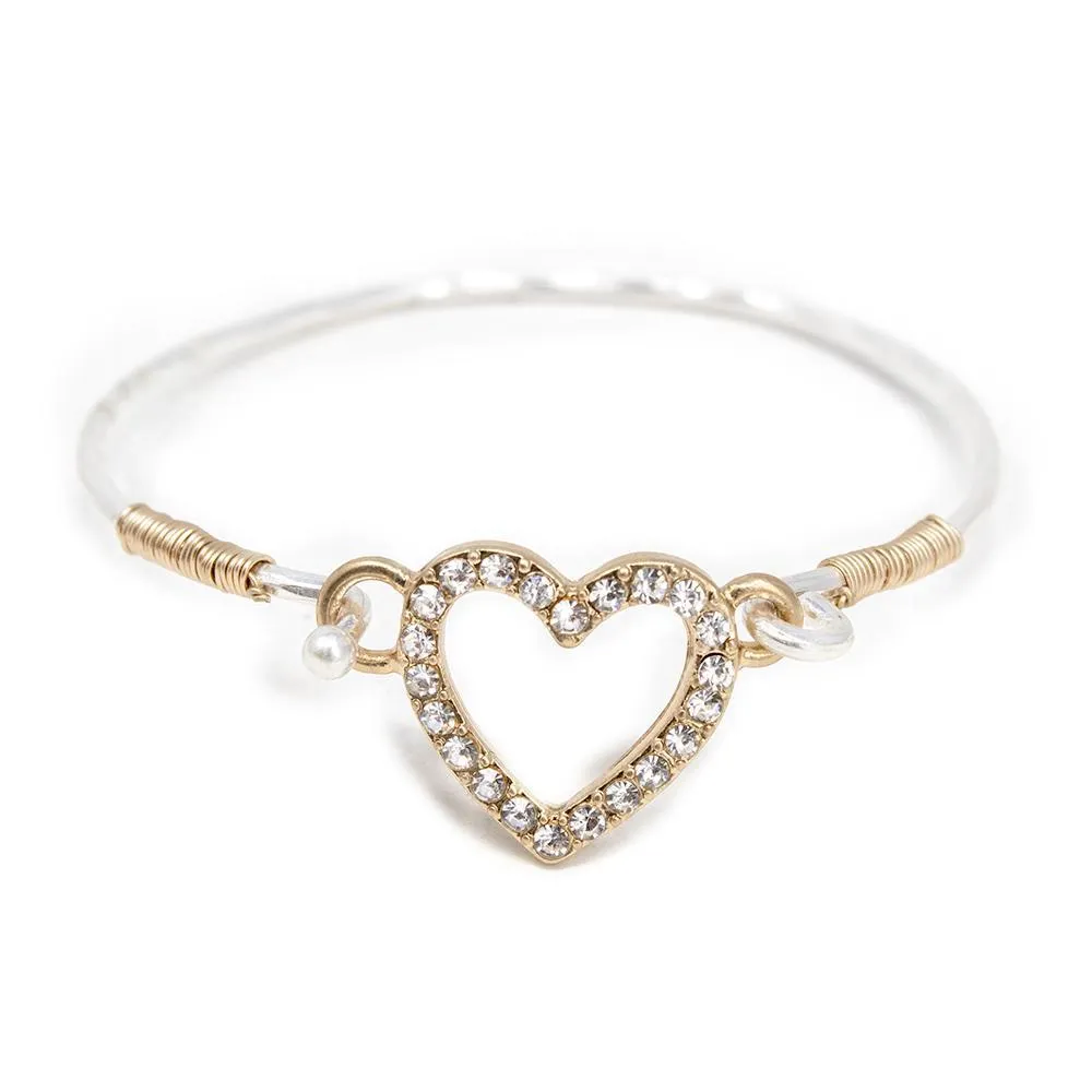 Gold Tone Two Tone Heart Bangle with Pave Hook