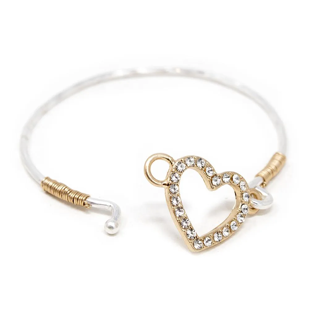 Gold Tone Two Tone Heart Bangle with Pave Hook