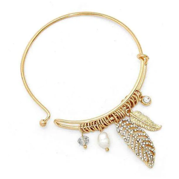 Gold Crystal Leaf Bangle Bracelet