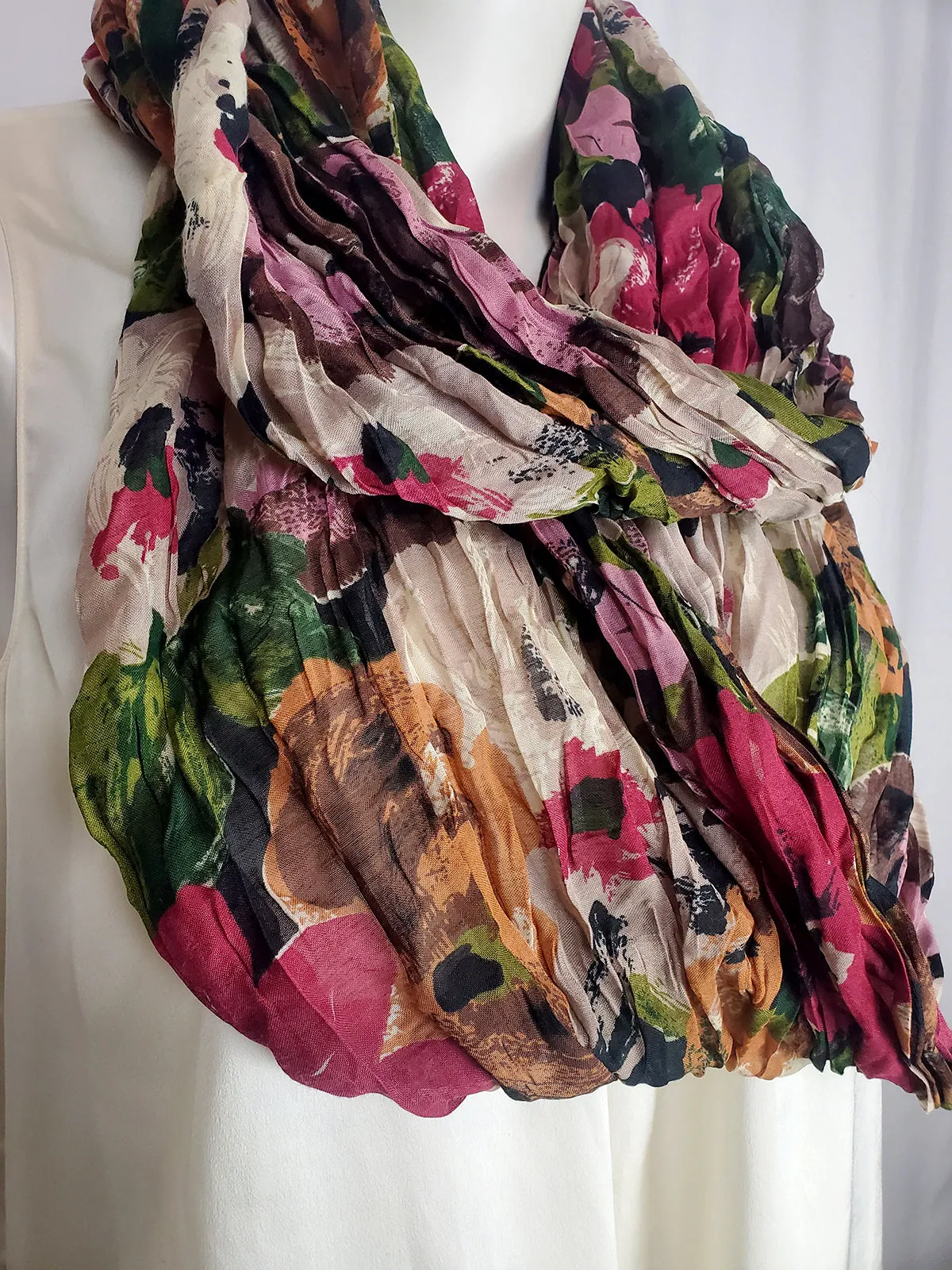 Green and Purple Floral Crinkle Infinity Scarf