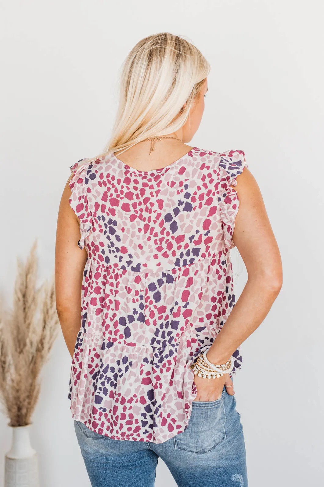 Ivory & Magenta Flutter Sleeve Blouse