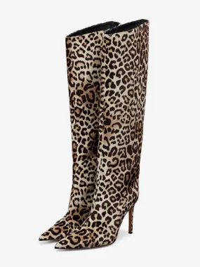 Knee High Boots Leopard High Heel Women's Suede Wide Calf