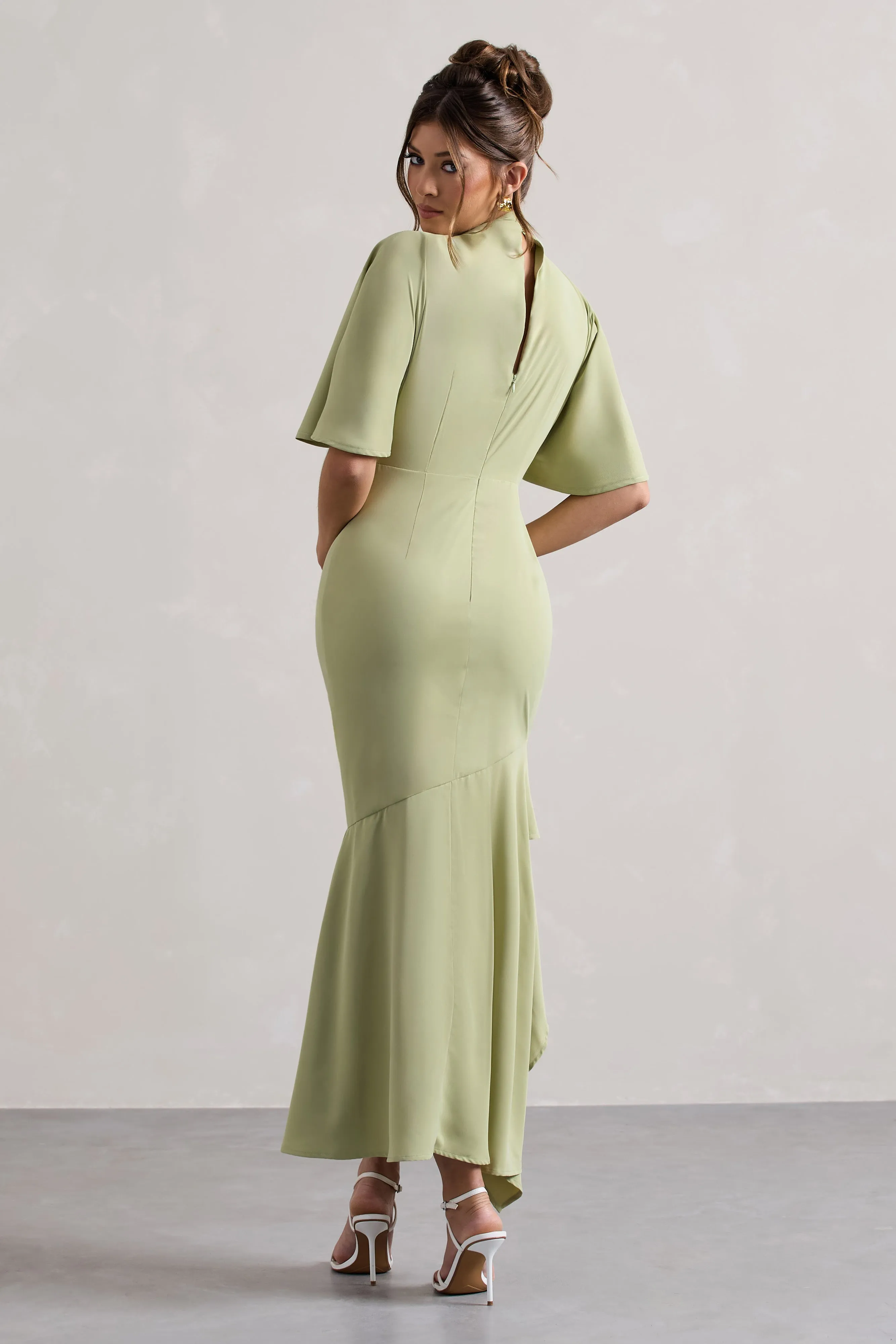 Lavinia Sage High-Neck Flutter-Sleeve Asymmetric Maxi Dress