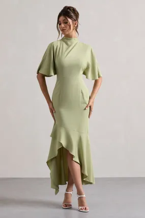 Lavinia Sage High-Neck Flutter-Sleeve Asymmetric Maxi Dress