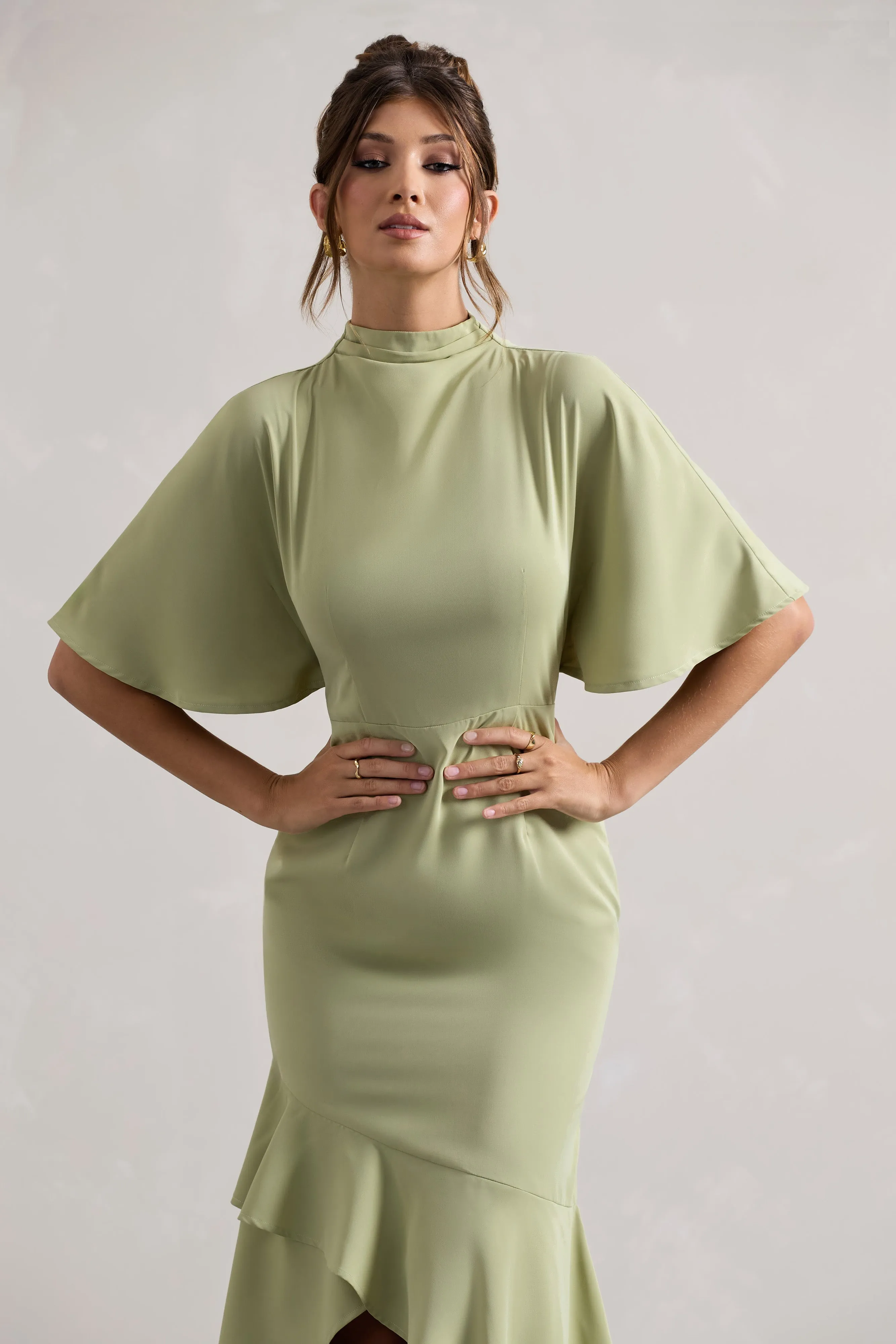 Lavinia Sage High-Neck Flutter-Sleeve Asymmetric Maxi Dress