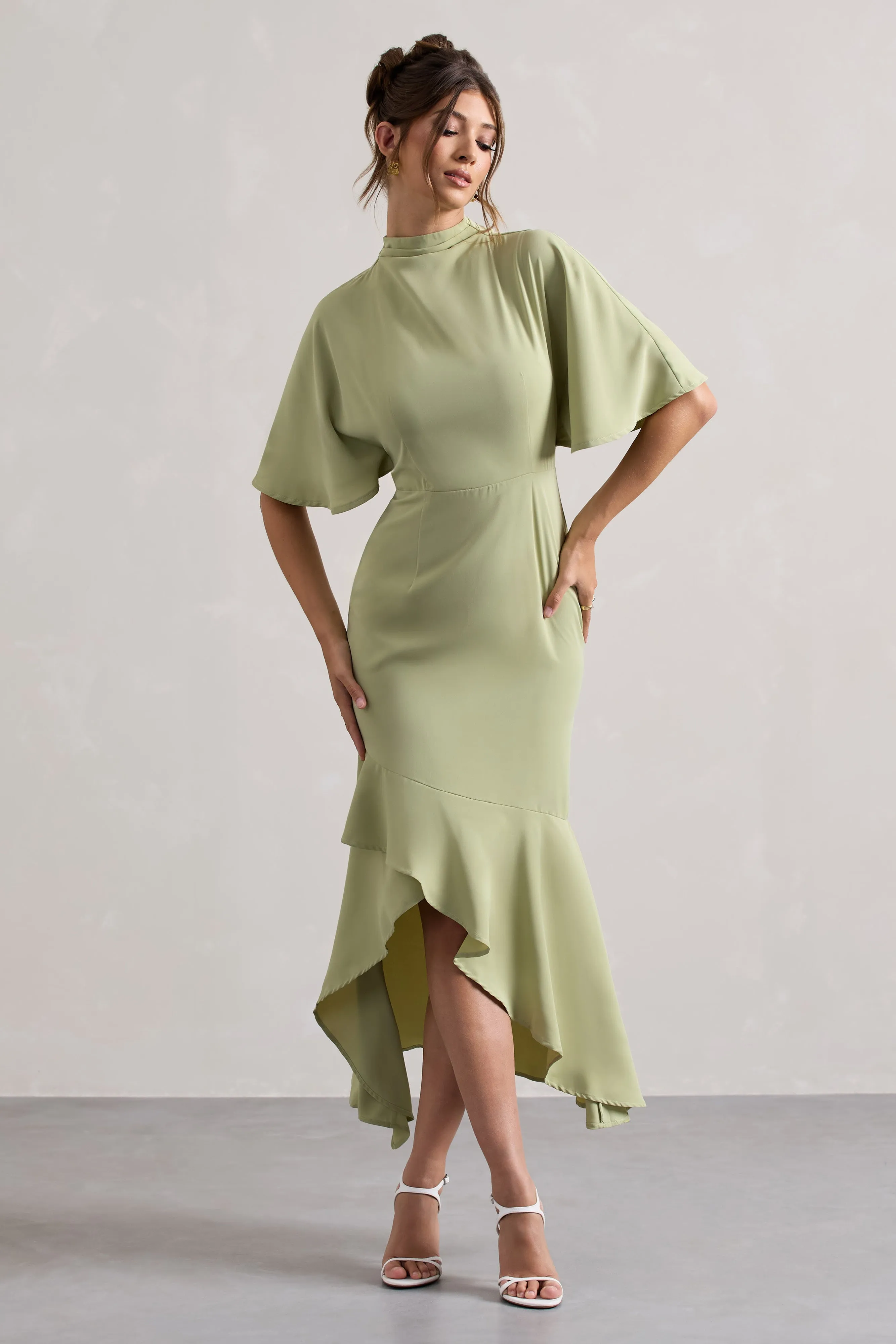 Lavinia Sage High-Neck Flutter-Sleeve Asymmetric Maxi Dress