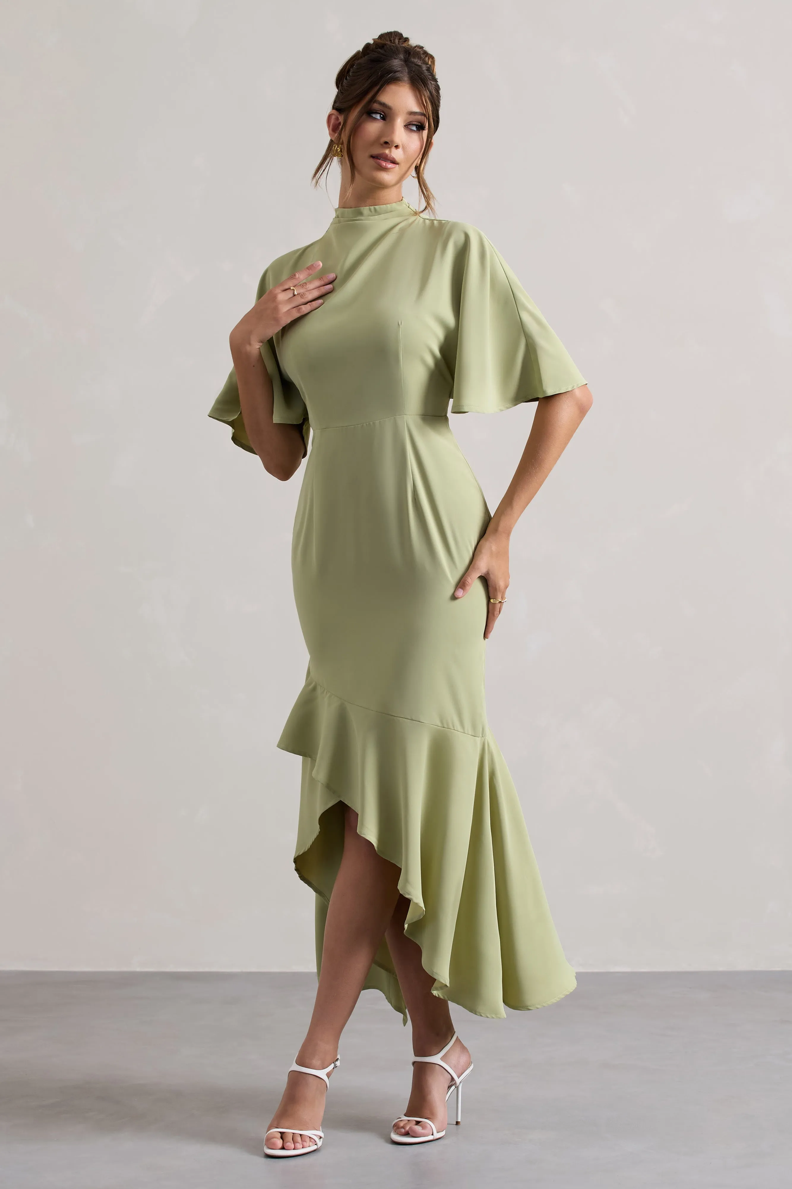 Lavinia Sage High-Neck Flutter-Sleeve Asymmetric Maxi Dress