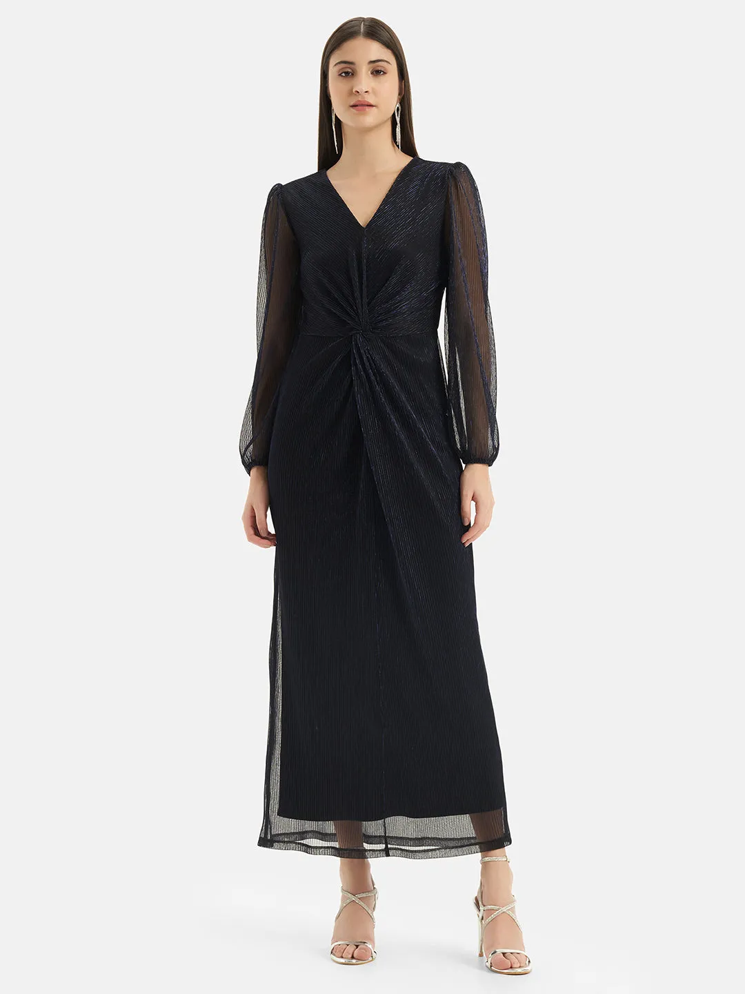 Deep Neck Front Tie Long Dress