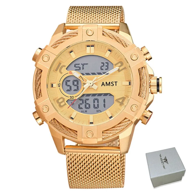 Men's Luxury Golden Digital LED Military Quartz Dual Display Watches