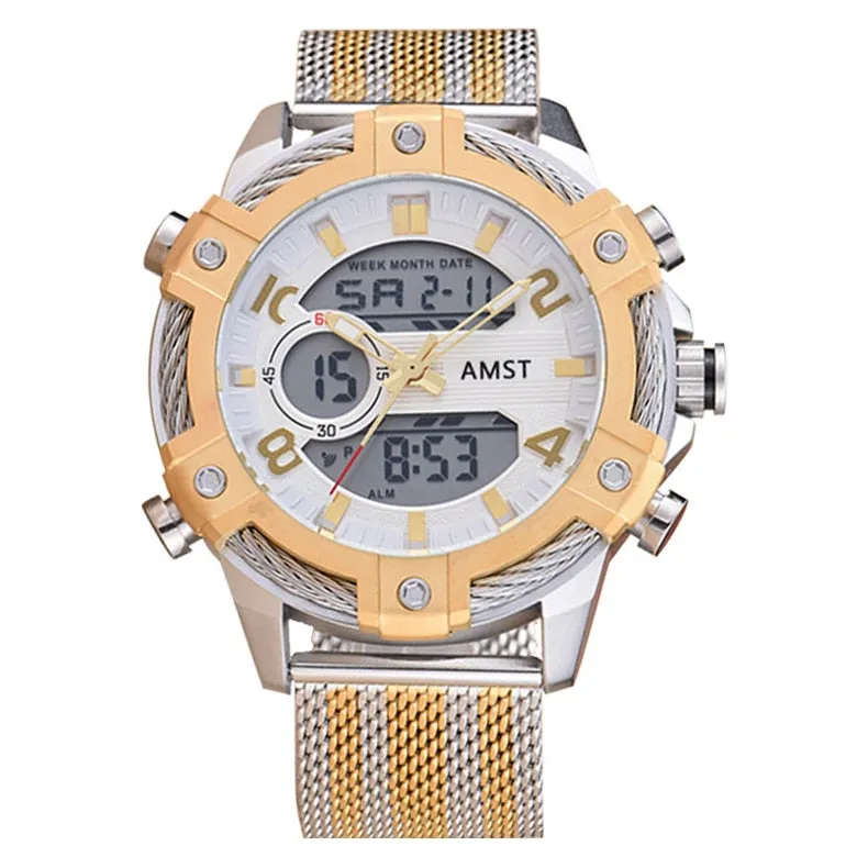 Men's Luxury Golden Digital LED Military Quartz Dual Display Watches