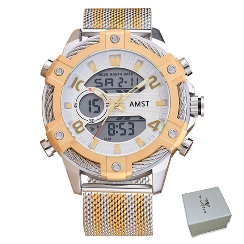 Men's Luxury Golden Digital LED Military Quartz Dual Display Watches