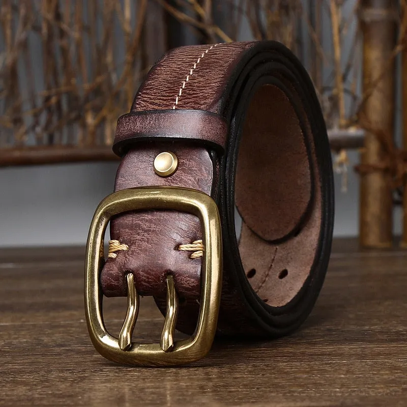 Men's Retro Military Style Leather Belt with Double Needle Buckle