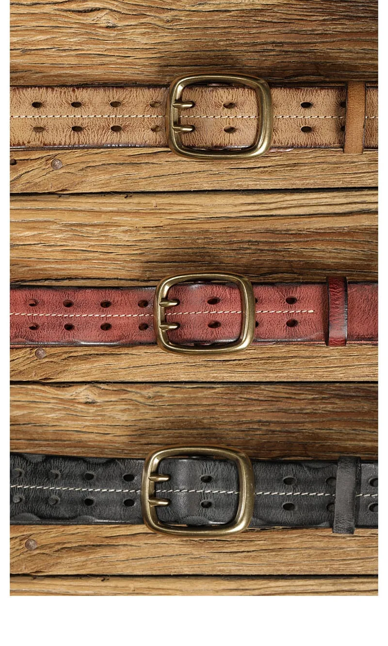 Men's Retro Military Style Leather Belt with Double Needle Buckle