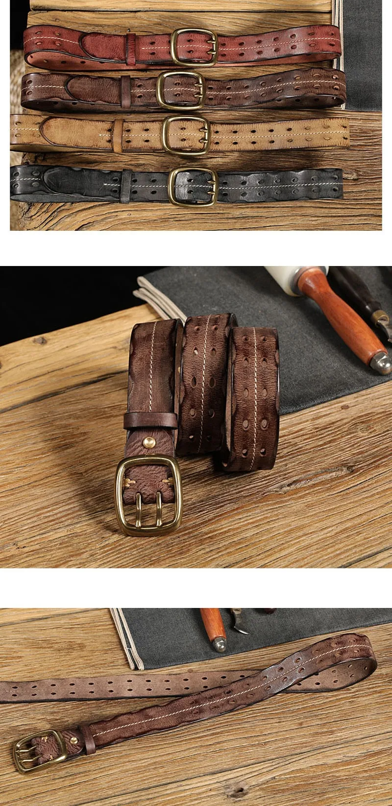 Men's Retro Military Style Leather Belt with Double Needle Buckle