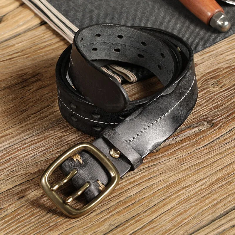 Men's Retro Military Style Leather Belt with Double Needle Buckle