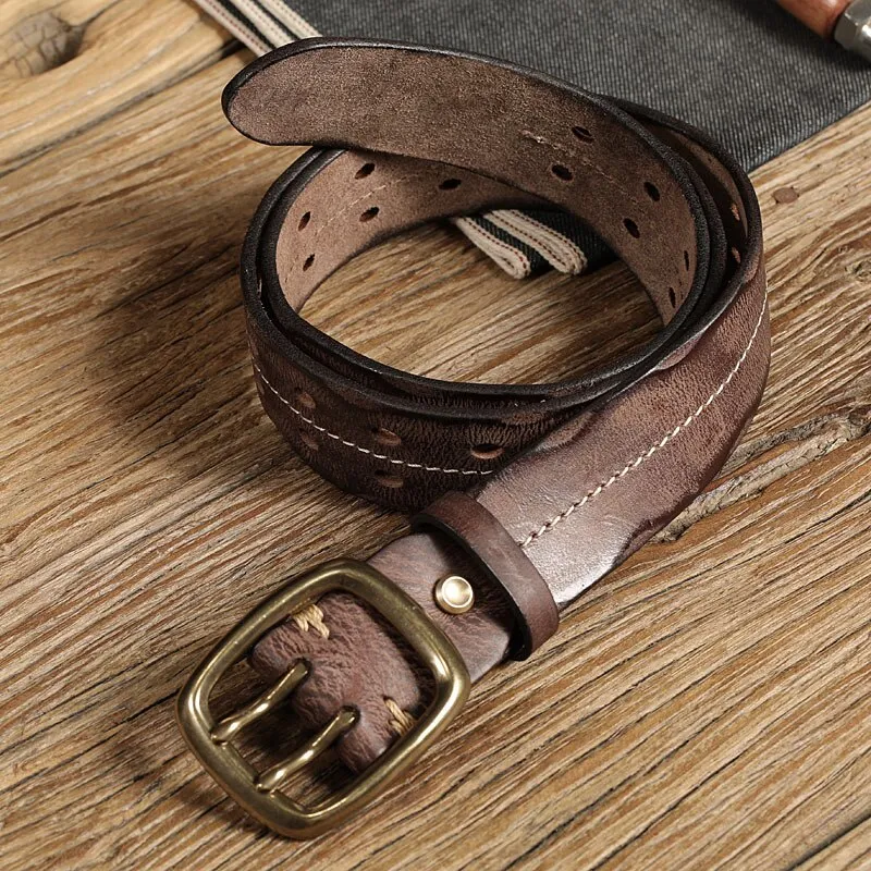 Men's Retro Military Style Leather Belt with Double Needle Buckle