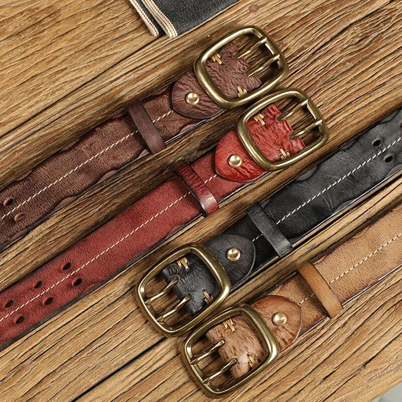 Men's Retro Military Style Leather Belt with Double Needle Buckle