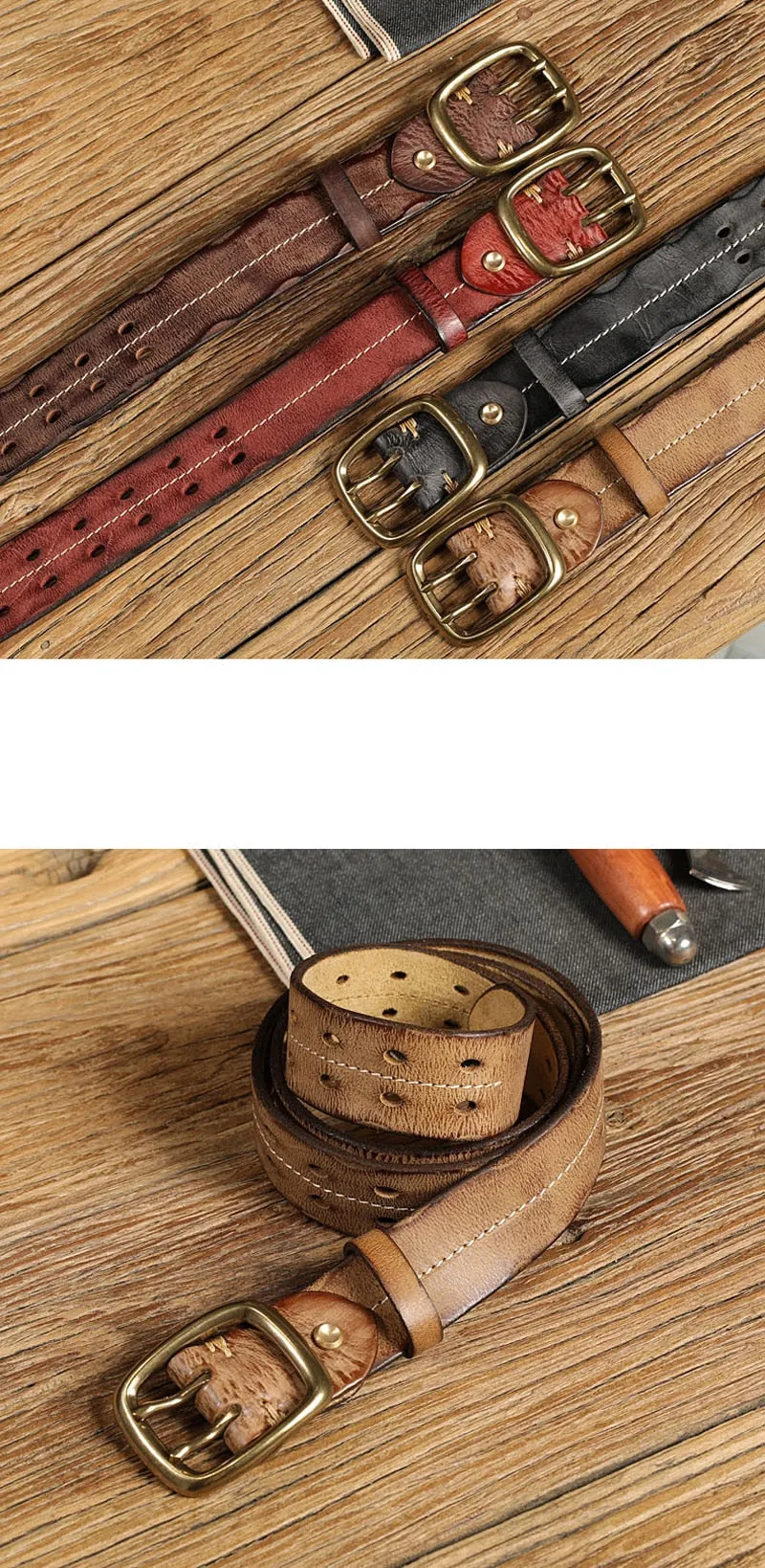 Men's Retro Military Style Leather Belt with Double Needle Buckle