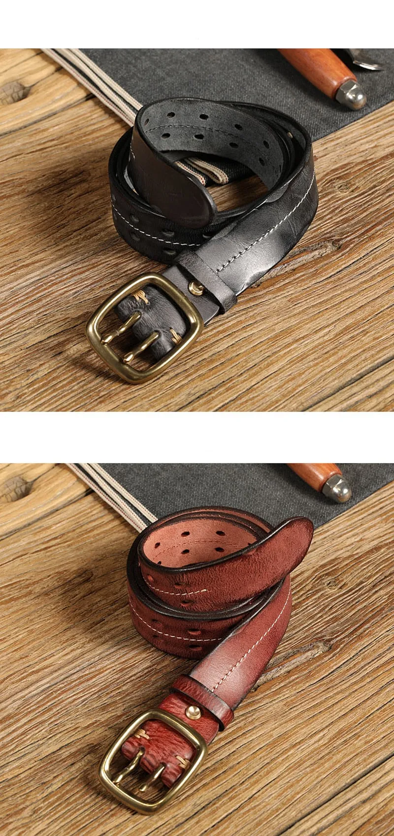 Men's Retro Military Style Leather Belt with Double Needle Buckle