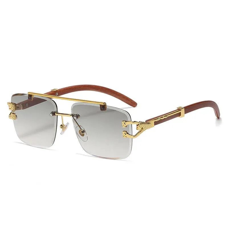 Men's Lion Decoration Wood Printed Retro Rectangle Sunglasses