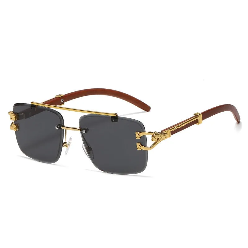 Men's Lion Decoration Wood Printed Retro Rectangle Sunglasses