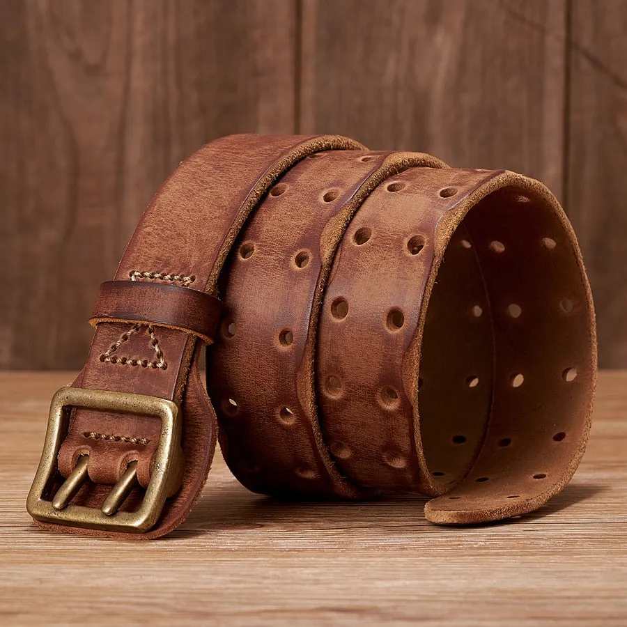 Vintage Cowskin Leather Belt for Men with Double Pin Buckle