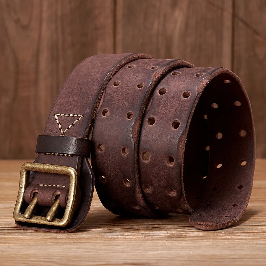 Vintage Cowskin Leather Belt for Men with Double Pin Buckle