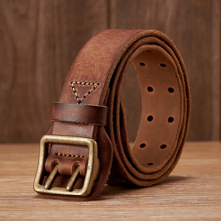 Vintage Cowskin Leather Belt for Men with Double Pin Buckle